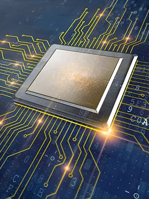 Chip surrounded by circuit traces and code