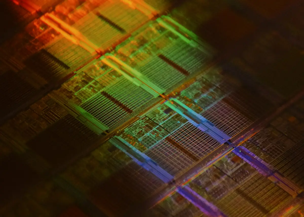 Colourful close-up of a silicon die